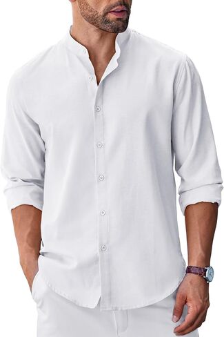 COOFANDY Men's Long Sleeve Oxford Dress Shirts Chambray Button Down Shirt Casual Band Collar Shirts in Saudi Arabia