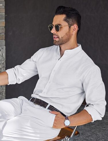 COOFANDY Men's Long Sleeve Oxford Dress Shirts Chambray Button Down Shirt Casual Band Collar Shirts in Saudi Arabia