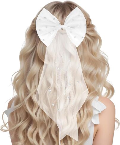 Bridal Veil Wedding Bow-Knot Veil White Pearl Hair Clip Tulle Bridal Short Veils Elegant Tulle Layer Hair Clip Bachelorette Party Hair Accessories for Women Girls in Saudi Arabia