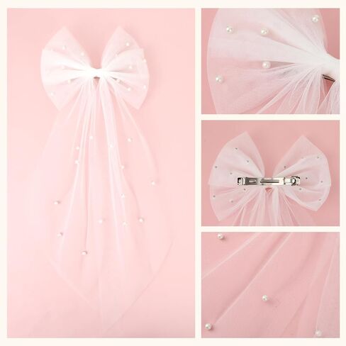 Bridal Veil Wedding Bow-Knot Veil White Pearl Hair Clip Tulle Bridal Short Veils Elegant Tulle Layer Hair Clip Bachelorette Party Hair Accessories for Women Girls in Saudi Arabia