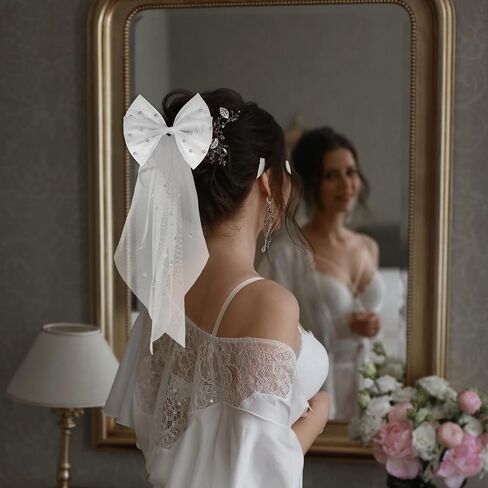 Bridal Veil Wedding Bow-Knot Veil White Pearl Hair Clip Tulle Bridal Short Veils Elegant Tulle Layer Hair Clip Bachelorette Party Hair Accessories for Women Girls in Saudi Arabia