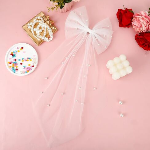 Bridal Veil Wedding Bow-Knot Veil White Pearl Hair Clip Tulle Bridal Short Veils Elegant Tulle Layer Hair Clip Bachelorette Party Hair Accessories for Women Girls in Saudi Arabia
