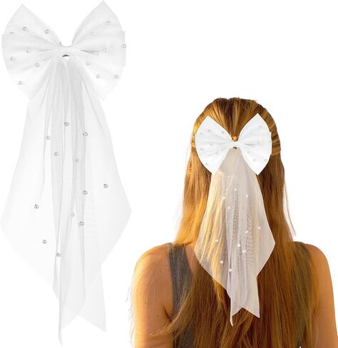 Bridal Veil Wedding Bow-Knot Veil White Pearl Hair Clip Tulle Bridal Short Veils Elegant Tulle Layer Hair Clip Bachelorette Party Hair Accessories for Women Girls in Saudi Arabia