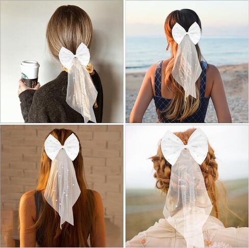 Bridal Veil Wedding Bow-Knot Veil White Pearl Hair Clip Tulle Bridal Short Veils Elegant Tulle Layer Hair Clip Bachelorette Party Hair Accessories for Women Girls in Saudi Arabia