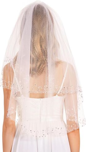 Beaded Wedding Veils for Brides 2 Tier Sparkly Bridal Veil Short Veils for Women in Saudi Arabia