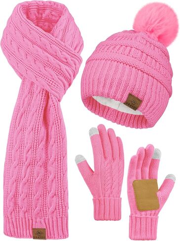 URATOT Winter Beanie Hat Scarf Gloves 3 in 1 Set for Women Fleece Lined Beanie Pompom Hat Touchscreen Gloves Long Scarf in Kuwait