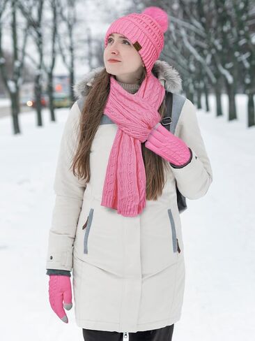 URATOT Winter Beanie Hat Scarf Gloves 3 in 1 Set for Women Fleece Lined Beanie Pompom Hat Touchscreen Gloves Long Scarf in Kuwait