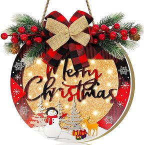 [Prelit & Timer] Merry Christmas Wreath Sign for Front Door Sign with Lights Christmas Decorations Battery Operated Buffalo Plaid Bow Snowflake Snowman Decorated Window Wall Home Decor Xmas Farmhouse