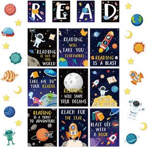 35Pcs Outer Space Reading Classroom Bulletin Board Decorations Motivational Posters Planet Astronaut Rocket Cutouts for School Daycare Library Reading Corner Wall Decor