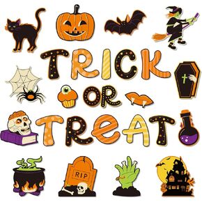 Whaline 50Pcs Halloween Trick or Treat Cutouts Pumpkin Spider Witch Cut-Outs Assorted Dsign Halloween Cutouts Bulletin Border Decoration with Glue Points for Halloween Party Classroom Decor
