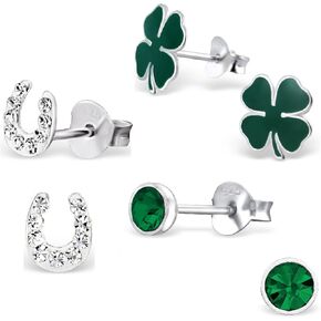 925 Sterling Silver Set of 3 Pairs Lucky Irish Set Four Leaf Clover, Crystal Horseshoe, Emerald Green Round Crystal Stud Earrings (Nickel Free)