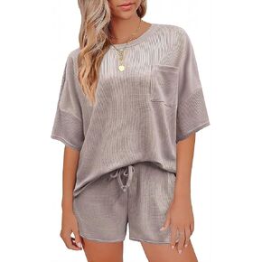 Andeip Pajamas Womens Waffle Knit Lounge Set Short Sleeve Top and Shorts 2 Piece Loungewear Outfits Pj Sets with Pockets