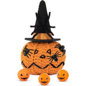 wonuu Halloween Handmade Knitted Pumpkin with Realistic Spider Pumpkin Face Ball Hat Sunglasses, Crochet Doll for Desk Table Decor Car Ornament Home House Party Decoration, Round Eyes Pumpkin