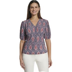 Tommy Hilfiger Women's Short Sleeve V--neck Smocked Short Sleeve Top