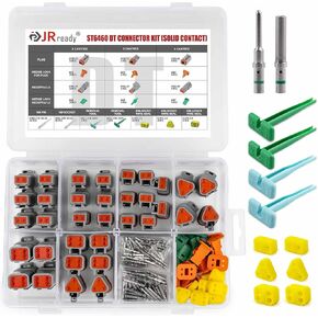 JRready ST6460 Deutsch Connector Kit, 2 3 4 Pin DT Connector with Yellow Rubber Seals Support Wire 14AWG, 16 Solid Contacts and Plastic Removal Tools 14AWG 16AWG