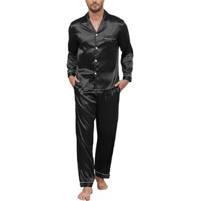 Mens Silk Satin Pajama Set, Long Sleeve Sleepwear Button Down Pjs Sets Loungewear with Pockets
