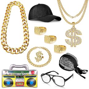 REVOLIA 80s 90s Hip Hop Costume Dollar Sign Necklace Rings Fake Gold Chain Radio Boombox Sunglasses Hat Costumes Accessories