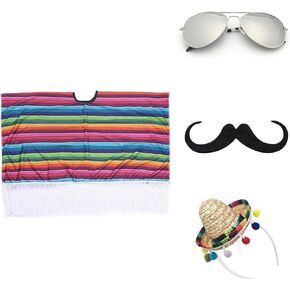 NUMJAW المكسيكي زي تاكو زي الكبار للحزب فييستا سينكو دي مايو، المكسيكي المعطف سومبريرو سيراب، قبعة مكسيكية العباءات الكبار المكسيكي هالوين ازياء الملحقات مع النظارات الشمسية والشارب in Kuwait