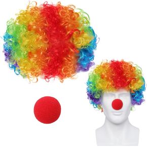 Clown Costume Set Clown Rainbow Wig Red Nose Accessories for Women Men Adults Halloween Parties Carnivals Pretend Play