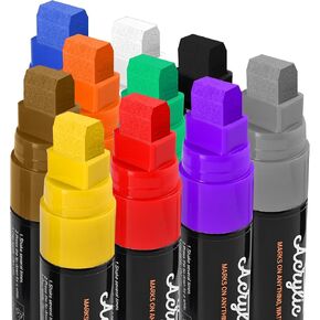 Goldge 10 Colors Jumbo Markers, 15mm Large Felt Tip Paint Markers, Permanent Acrylic Paint Pens for Rock Painting, Canvas, Glass, Mugs, Wood, Wall, Stone, Ceramic, DIY Crafts, Art Supplies
