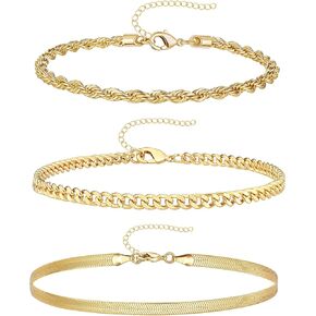 Gold Bracelets Set for Women 14K Real Gold Plated Dainty Gold Link Chain Bracelets for Women Trendy Gold Stackable Cuff Bracelets for Jewelry Gifts Women Adjustable 7"+2"