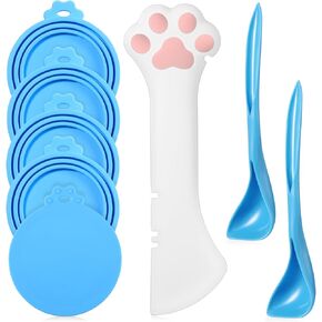 Uiifan 8 Pcs Pet Food Can Supplies Set 5 Pcs Universal Silicone Pet Food Can Covers Lids 2 Pcs Silicone Can Spoons 1 Pcs Multifunctional Pet Can Opener for Pets Dogs Cats Feeding Can(Yellow)
