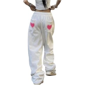 GORGLITTER Women's Heart Print Wide Leg Sweatpants Bell Bottom Flare Drawstring Pocket Trousers
