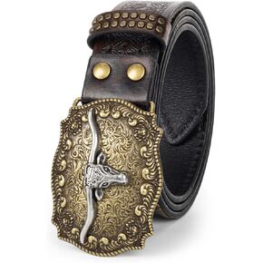 Western-Leather-Belt Vintage-Cowgirl-Cowboy-Embossed-Buckle-Belt Floral-Engraved-Country-Belt for Men Women
