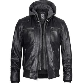 Blingsoul Cafe Racer Mens Leather Jacket - Moto Style Removable Hooded Leather Jackets For Men