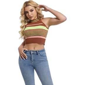 Asplresolar Sexy Ribbed Knit Halterneck Sleeveless Vest, Women's Striped Crop Top