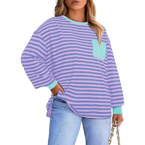 Eytino Women Plus Size Tops Crewneck Long Sleeve Loose Casual Striped Tee Shirts with Pocket(1X-5X)