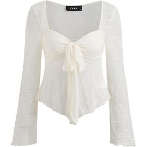CIDER Lace Square Neck Knotted Long Sleeve Top
