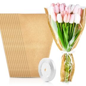 CLUEWR 50 PCS Flower Bags for Bouquets, Floral Wrapping Paper with Ribbons Florist Wrap Supplies, 22.1 x 14.2 Inches