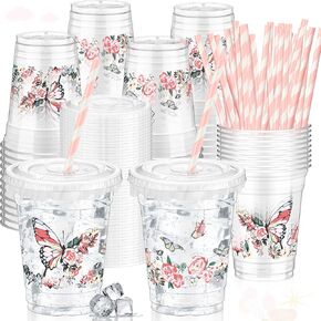 50 Pcs 12 oz Disposable Plastic Cups with Straws, Lids and Leakproof Paper Clear Birthday Party Cups Supplies Birthday Table Decorations(Hero,Multicolor)