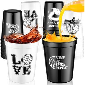 BWkoss Volleyball Plastic Cups - 24Pcs Bulk 16oz Sport Ball Party Cups Reusable Drinking Plastic Cup Hot Cold Drink Wine Coffee for Home School Volleyball Themed Holiday Birthday Party Favors Supplies