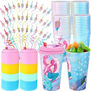 Maxcheck 36 Sets Mermaid Party Favors Goodie Cups with Lids and Straws for Birthday Decorations 36Pcs 16oz Plastic Cups 36Pcs Reusable Plastic Straws for Birthday Party Cups (Mermaid)