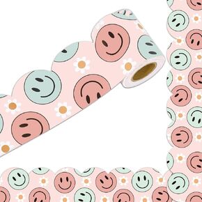 Whaline 32.8ft Retro Groovy Bulletin Board Borders Vintage Smile Daisy Die-Cut Rolled Border Trim for School Classroom Office Chalkboard Decoration