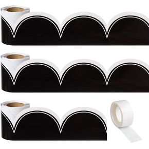 FOBSME 99 Ft Black with White Bulletin Board Border Black with White Scalloped Border Trim Decorative Classroom Die-Cut Rolled Borders for Classroom Office Wall Locker Back to School Decor,3 Roll