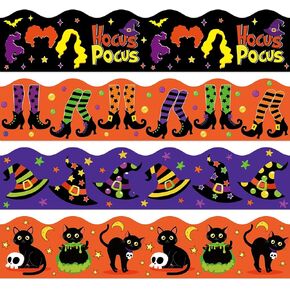 AnyDesign 69Ft Halloween Bulletin Board Borders Hocus Pocus Trim Borders Witch Hat Legs Black Cat Magic Pot Self-Adhesive Border Stickers for School Classroom Office Decor