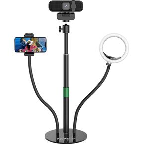 Webcam Stand for Desk 3 in 1 Flexible Webcam Mount Computer Camera Stand Desktop Microphone Stand with Phone Clip for Logitech Webcam Series, Ring Light, Phone, Mic and 1/4" Screw Device