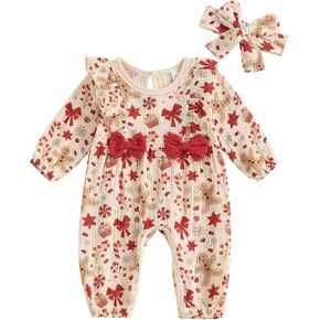 Newborn Baby Girl Halloween Outfit Cotton Linen Pumpkin Jumpsuit Romper Ruffle Sleeve Bodysuit Long Overalls with Bow