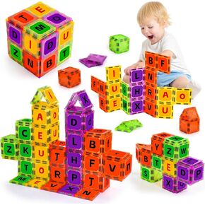 Magnetic Tiles Letters Toys for Toddler Age 3-5, Alphabet Spelling Game Learning Toys, Classroom Must Have 48PCS Toddler Boy Construction Toy, Birthdays for Boys Girl 2 3 4 5 Years Old