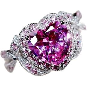 925 Sterling Silver Heart Crystal Ring for Women, Fashion Cubic Zirconia Heart Birthstone Ring, CZ Diamond Bridal Halo Engagement Wedding Pink Crystal Jewelry Gift Jewelry-Making-Patterns 7