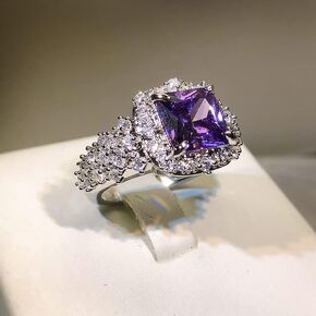 Charm Sterling Silver Crystal Ring for Women, Purple Birthstone Sparkly Luxury Jewelry, Cubic Zirconia Anniversary Promise Cocktail Eternity Open Gem Ring Jewelry-Making-Patterns