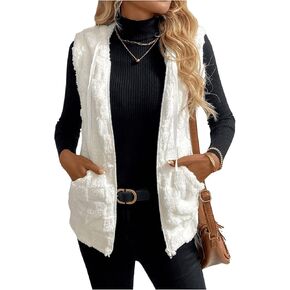 Verdusa Women's Fuzzy Fleece Vest Zip Up Sleeveless Hooded Jacket with Pockets