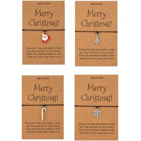 Pingyongchang 4pcs Christmas Bracelets Wax Rope Charm Braided Bracelet Santa Snowflake Xmas Tree Adjustable Friendship Bracelets with Card for Women Men Girl Gift