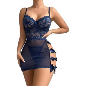 MakeMeChic Women's 2 Piece Lingerie Sets Floral Lace Mesh Sheer Bow Knot Mini Dress and Thong Set