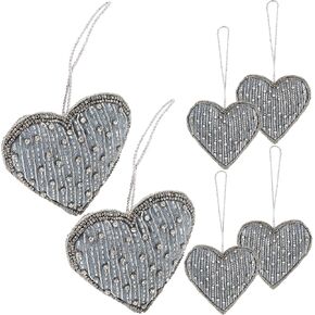 Set of 6 Beaded Heart Ornaments with Polyester Twine, Farmhouse Hearts, Mother's Day Decorative, Love Gifts for Him, Her | Wall Hanging Country Decor for Home - Pearl White & Silver