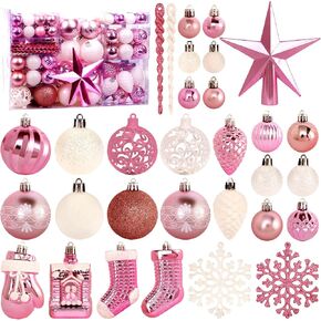 132 Pack Christmas Ornaments Set, Roseleaf Pink Christmas Tree Ornaments Shatterproof Hanging Decorative Balls for Xmas Tree Wreath Garland