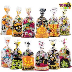 JOYIN 108 Pcs Halloween Cellophane Bags in 12 Halloween Classies Pattern Designs for Trick-or-Treating, Halloween Party Favors, Halloween Party Supplies, Birthday Gifts Bags and Decoration